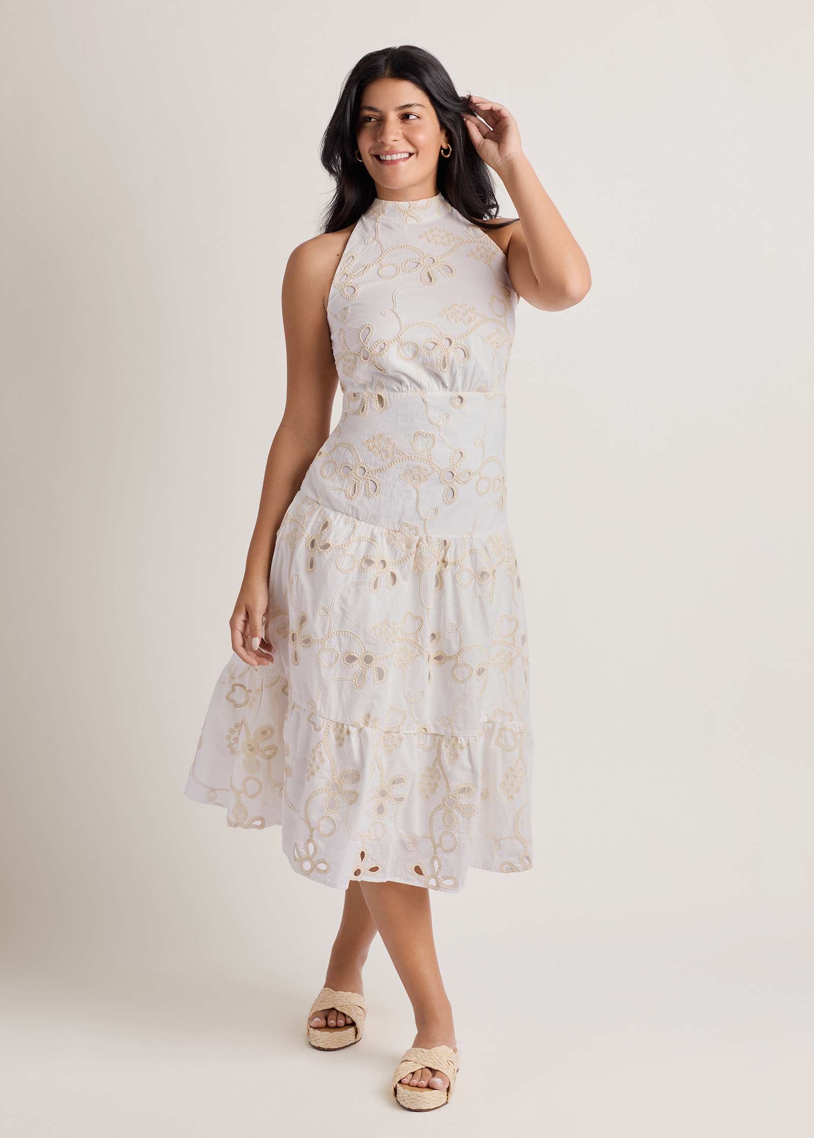 Emb Halter Mock Neck Midi Dress Natural | Venus Popular Choice