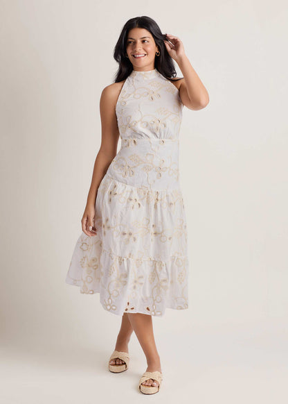 Emb Halter Mock Neck Midi Dress Natural | Venus Popular Choice