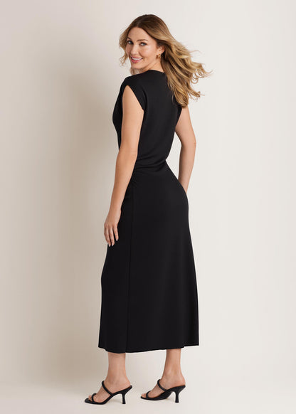 Side Ruch Midi Dress Jet Black | Venus Best Seller