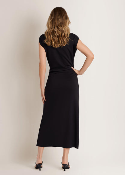 Side Ruch Midi Dress Jet Black | Venus Best Seller