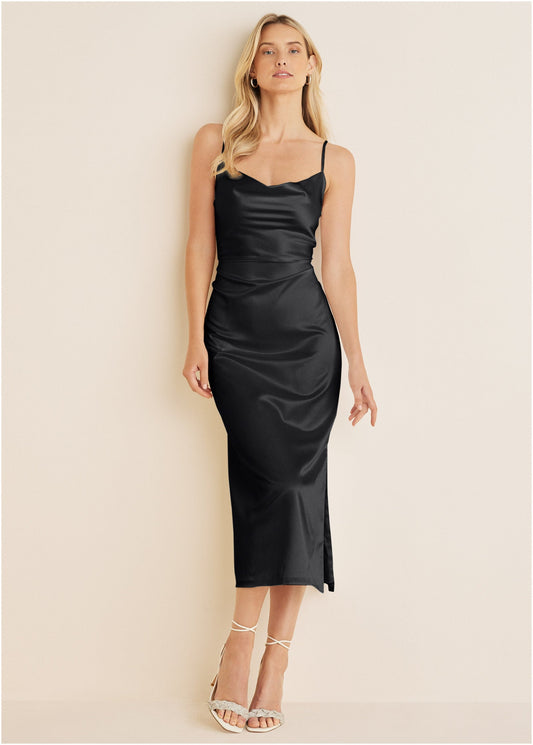 Cowl Neck Slip Dress - Jet Black | Venus Affordable