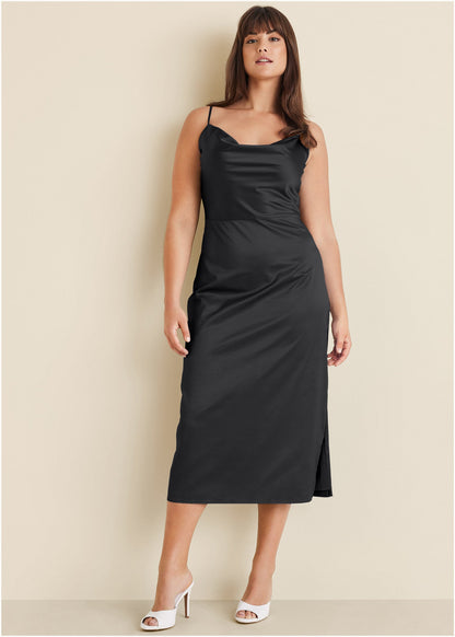 Cowl Neck Slip Dress - Jet Black | Venus Affordable