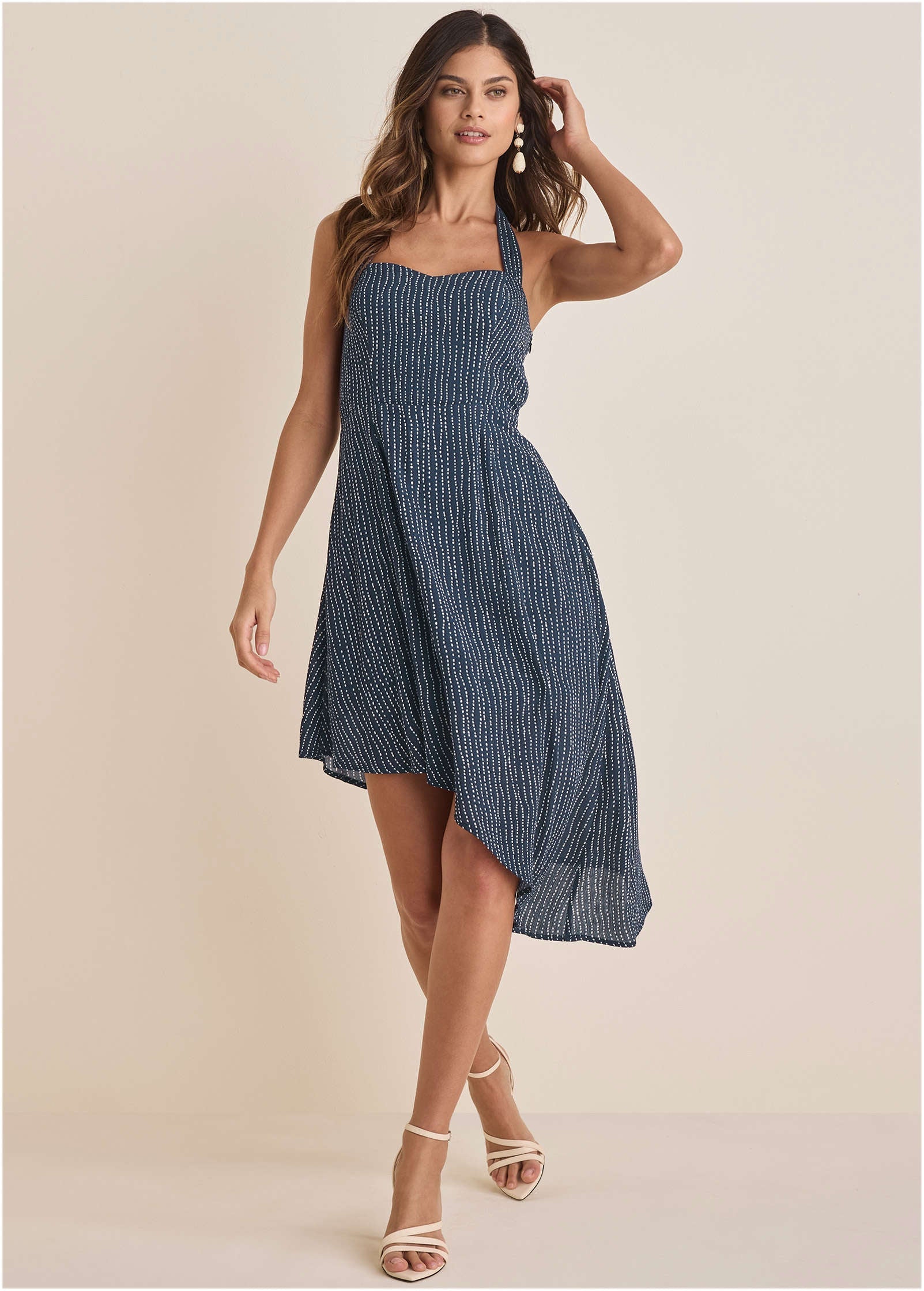 Halter High-Low Dress - Navy Dot Stripe | Venus Cost Saving