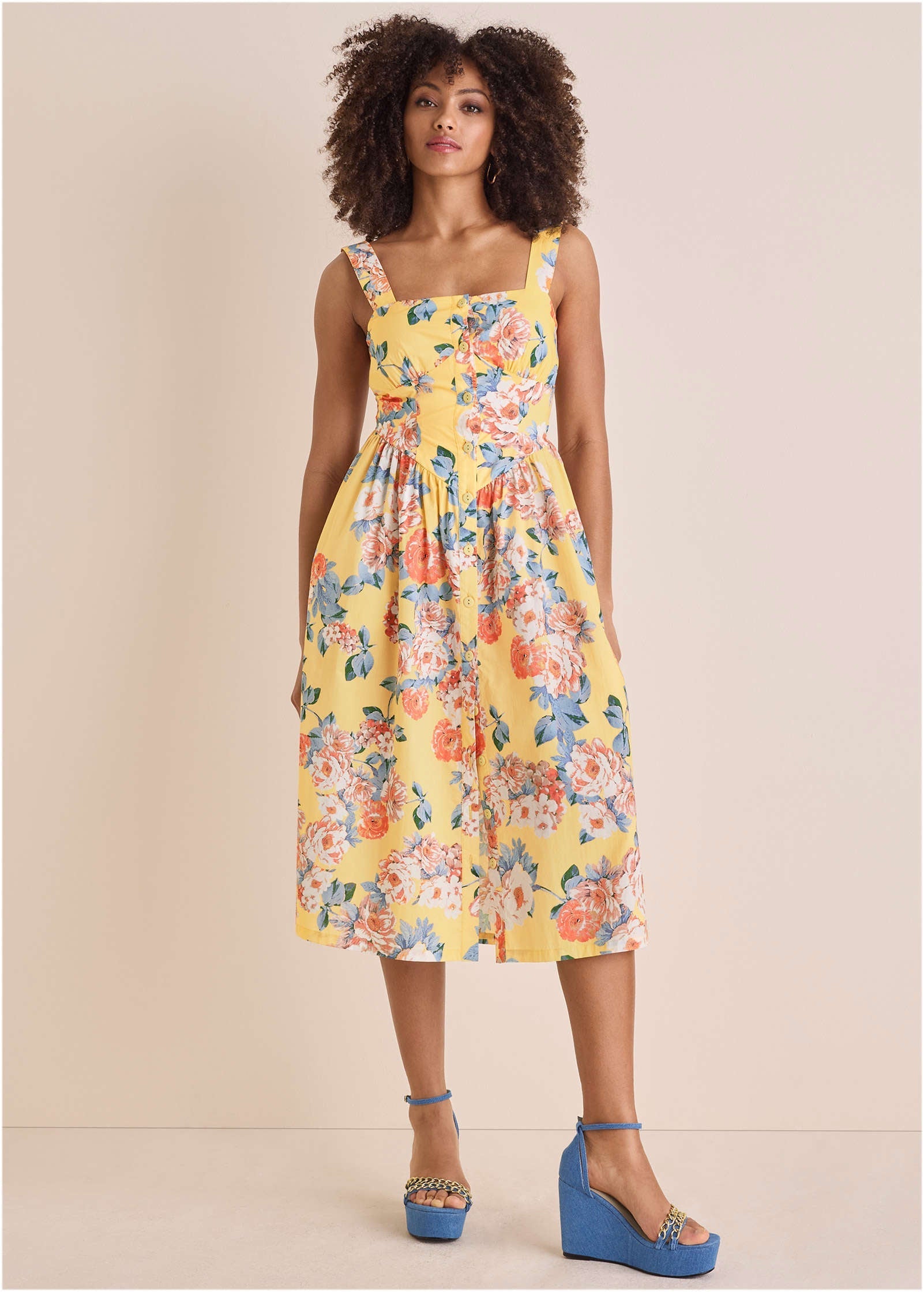 Floral Poplin Midi Dress - Custard Roses | Venus Featured