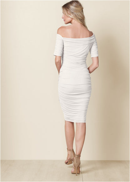 Ruched Mesh Bodycon Dress - Cloud Dancer | Venus Customer Favorite