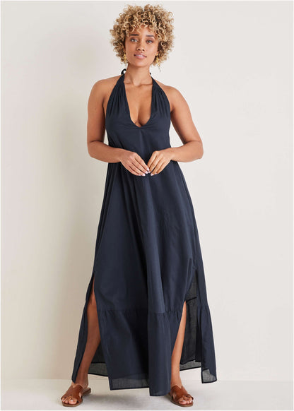 Deep V Halter Maxi Dress - Navy | Venus Budget Friendly