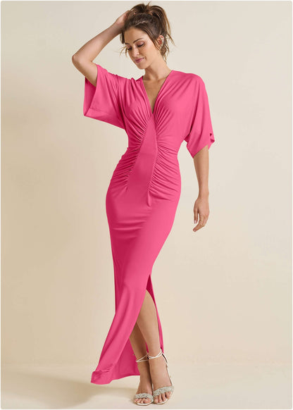 Drape Sleeve Maxi Dress - Hot Pink | Venus Popular Choice