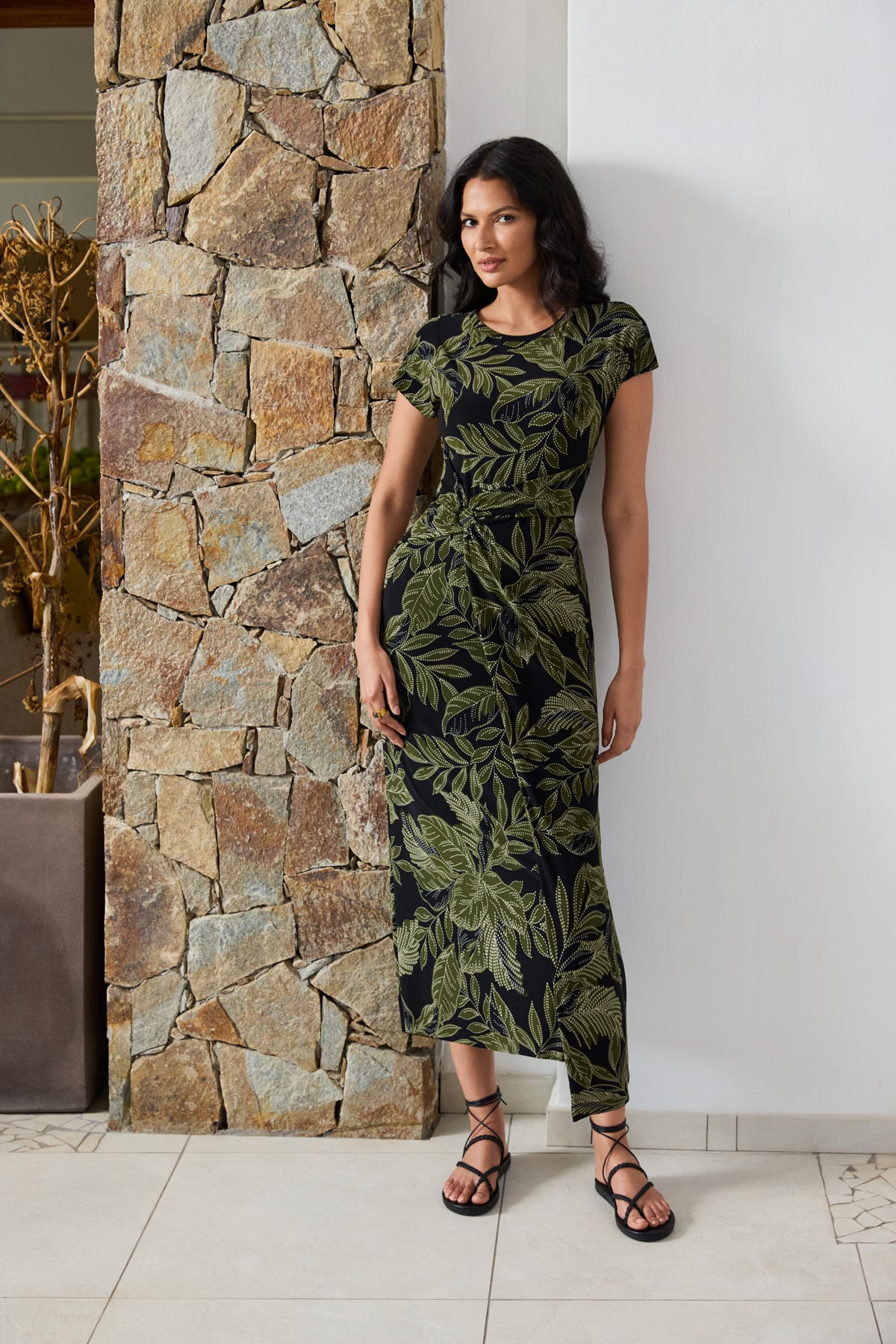 Loki Wrap Front Shaping Dress in Olive Branch | Venus Featured