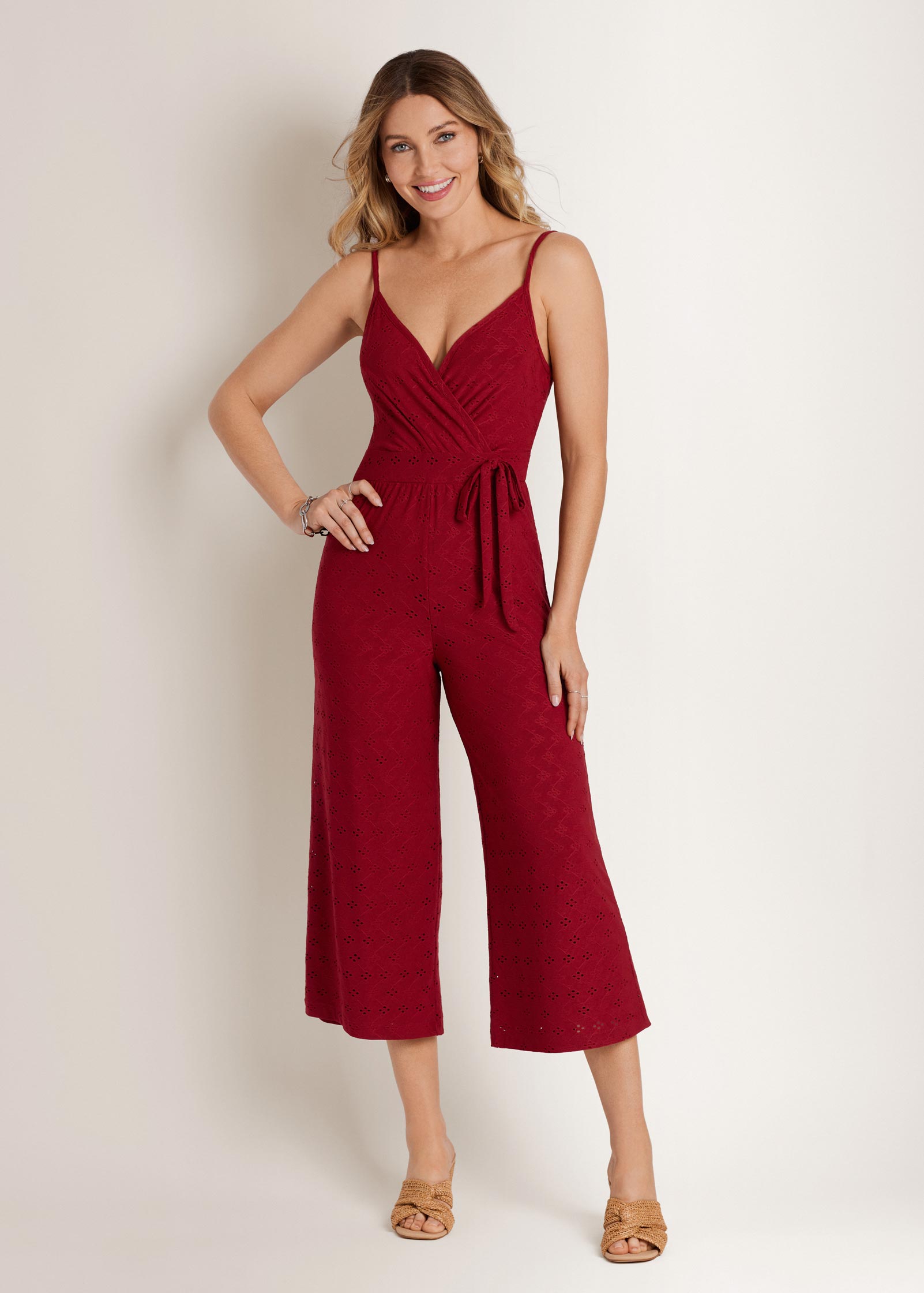 Knit Eyelet Jumpsuit Red | Venus Cost Saving