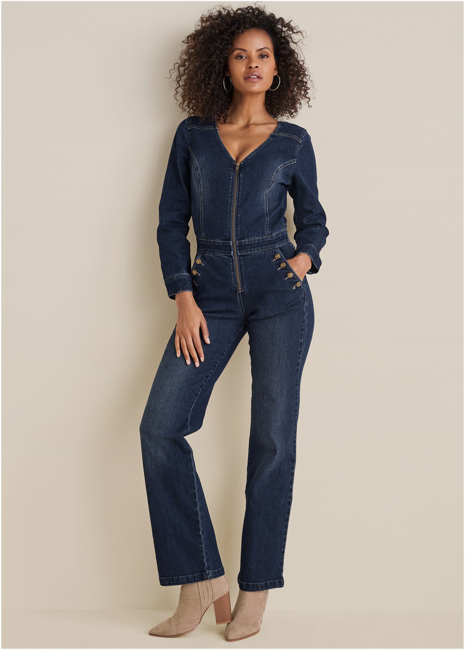 Zip Front Denim Jumpsuit - Dark Wash | Venus Budget Friendly