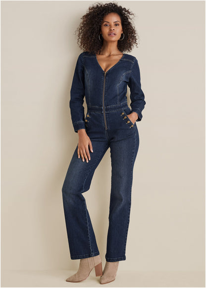 Zip Front Denim Jumpsuit - Dark Wash | Venus Budget Friendly