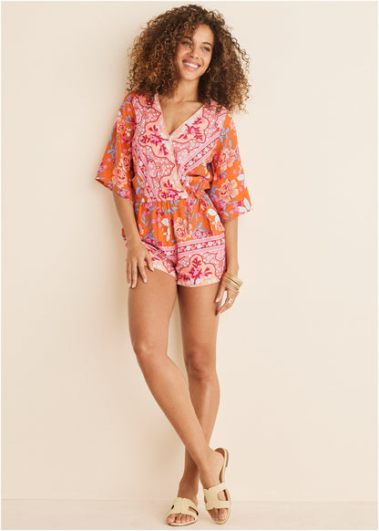 3/4 Sleeve Printed Romper - Orange Multi | Venus Popular Choice