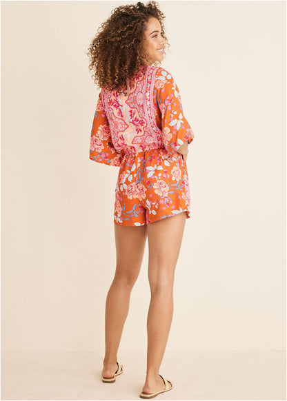 3/4 Sleeve Printed Romper - Orange Multi | Venus Popular Choice