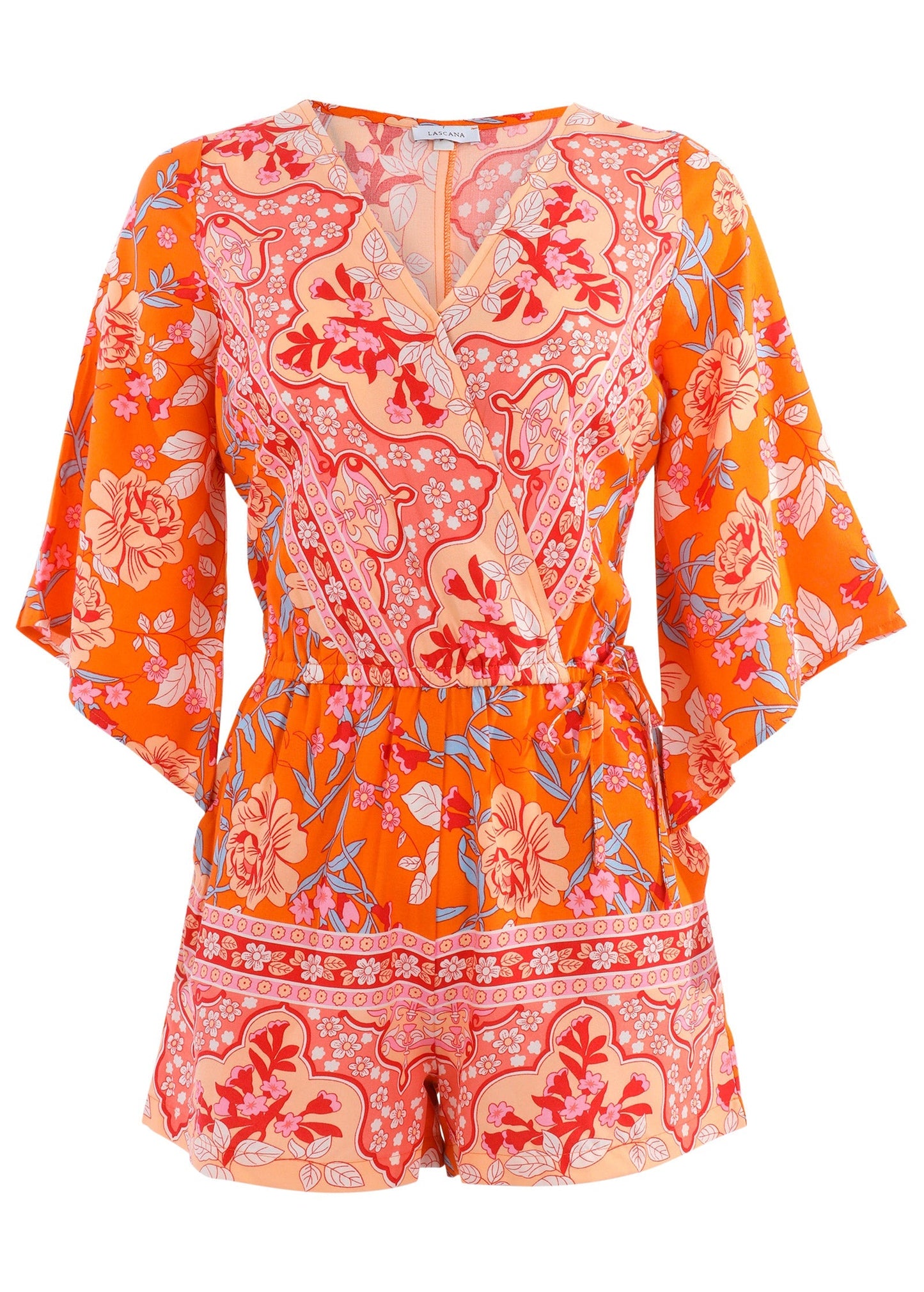 3/4 Sleeve Printed Romper - Orange Multi | Venus Popular Choice