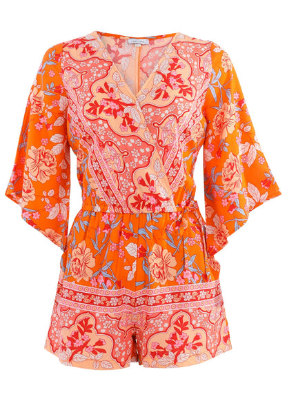 3/4 Sleeve Printed Romper - Orange Multi | Venus Popular Choice