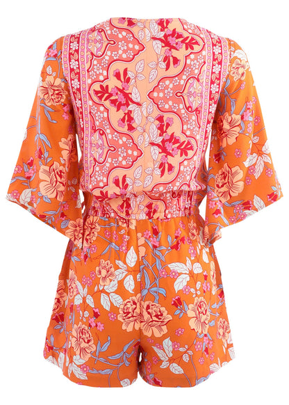 3/4 Sleeve Printed Romper - Orange Multi | Venus Popular Choice