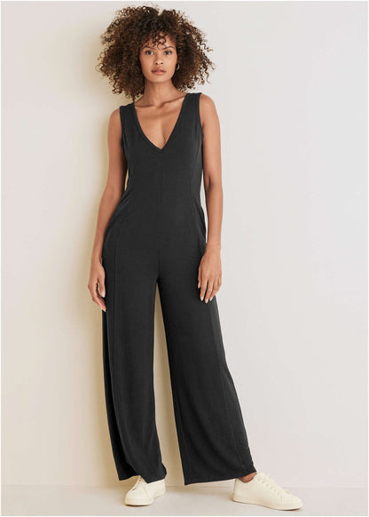 Relaxed V-Neck Jumpsuit - Jet Black | Venus Limited Edition