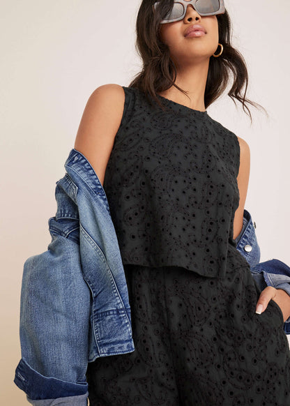 Paisley Eyelet Romper - Black | Venus Cost Saving