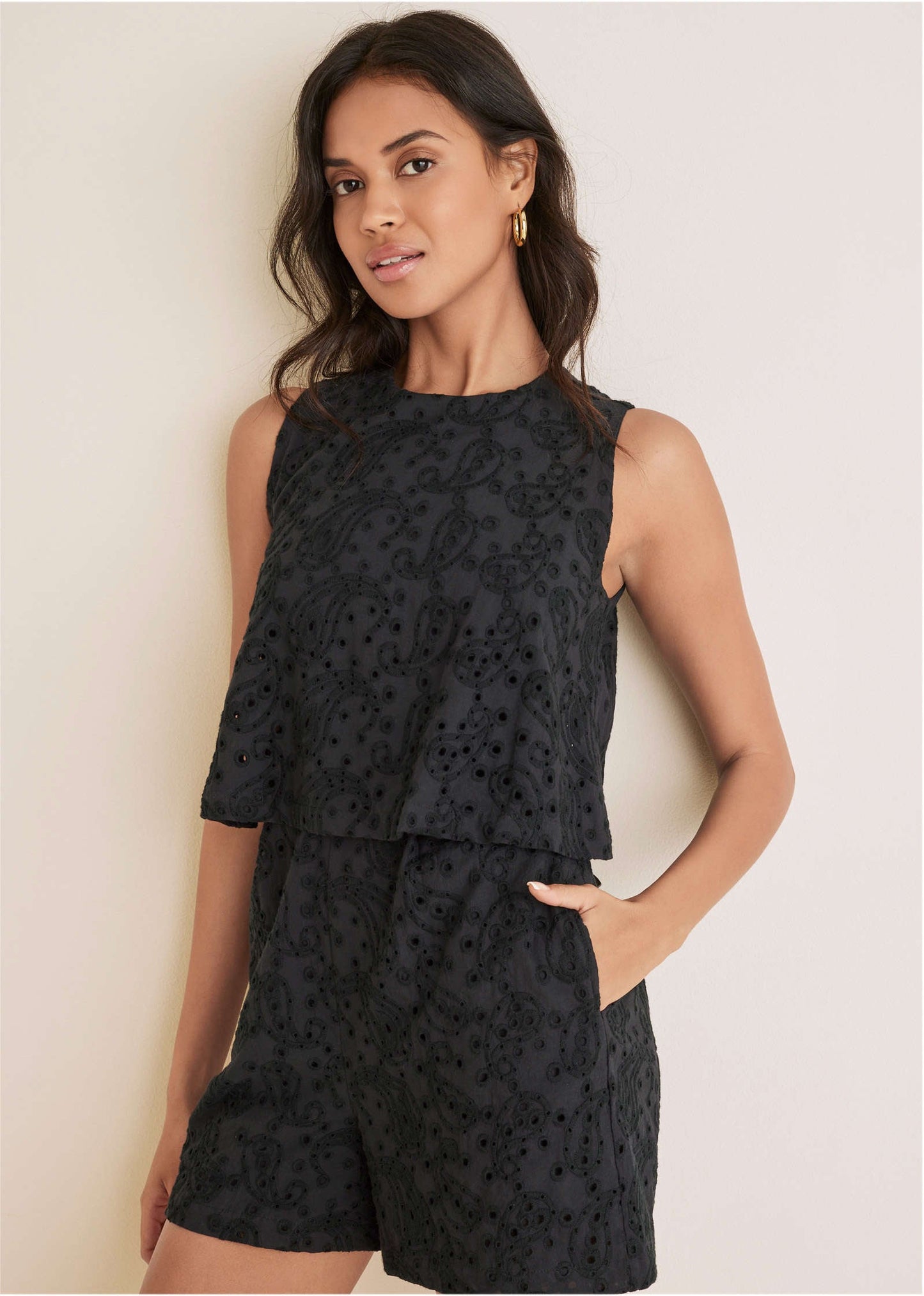 Paisley Eyelet Romper - Black | Venus Cost Saving