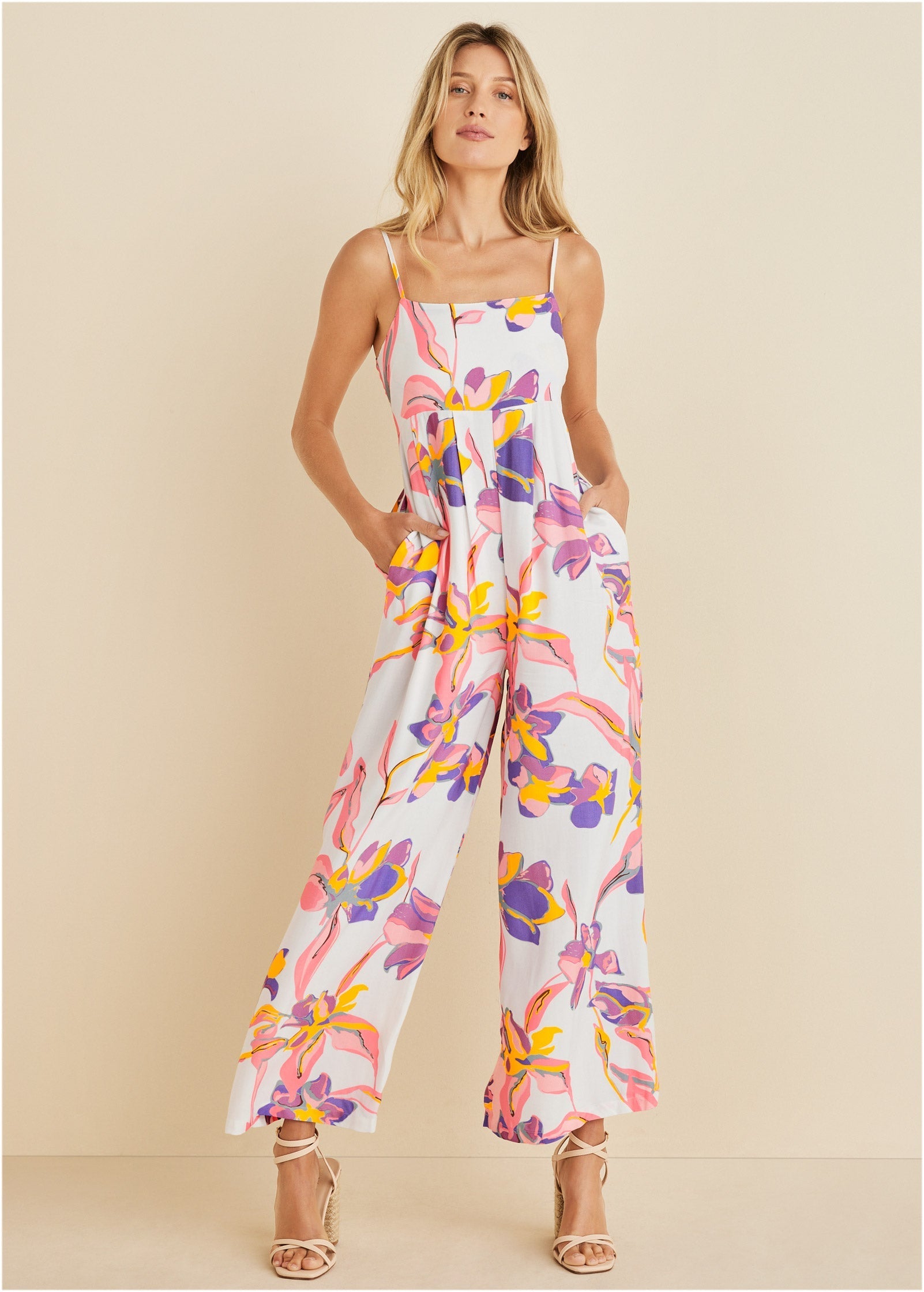 Square Neck Printed Jumpsuit - White Multi | Venus Value