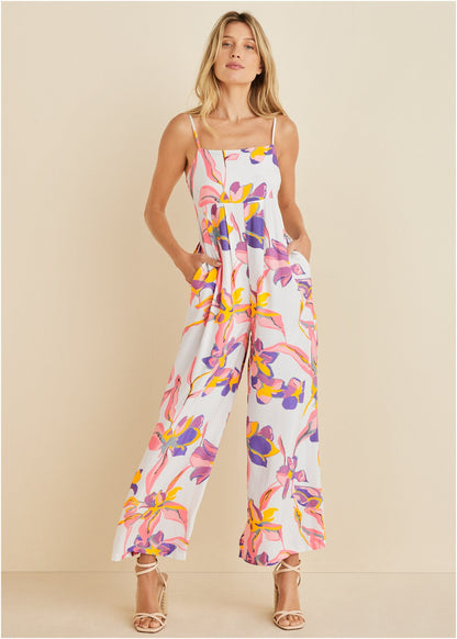 Square Neck Printed Jumpsuit - White Multi | Venus Value