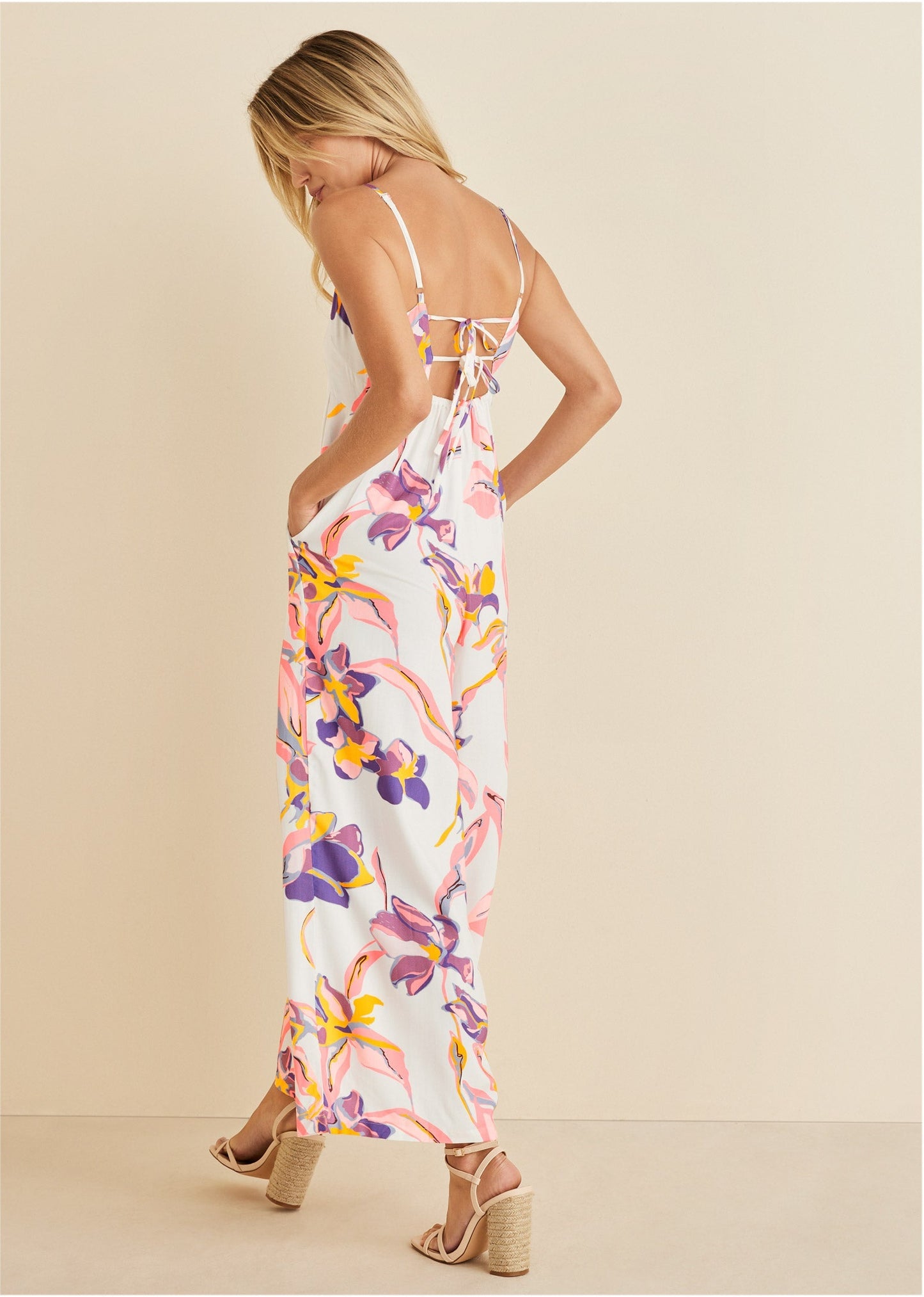 Square Neck Printed Jumpsuit - White Multi | Venus Value