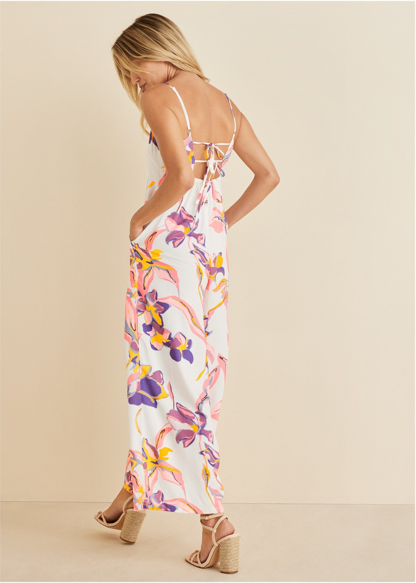 Square Neck Printed Jumpsuit - White Multi | Venus Value