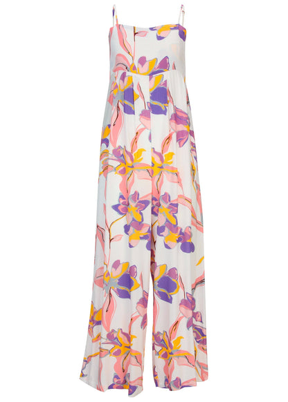 Square Neck Printed Jumpsuit - White Multi | Venus Value