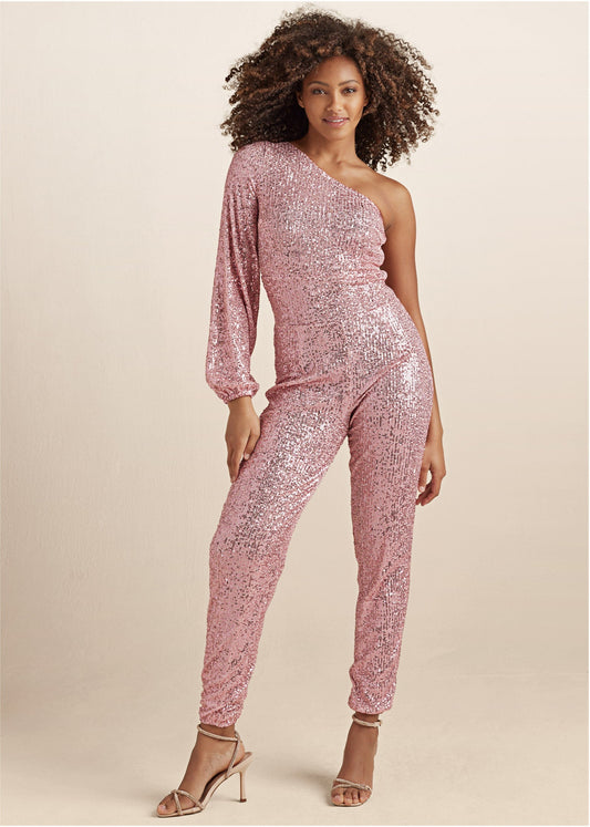 Sequin One-Shoulder Jumpsuit - Peach | Venus Budget Friendly