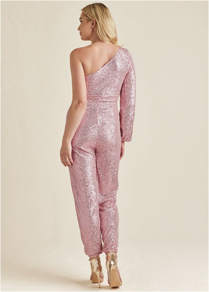 Sequin One-Shoulder Jumpsuit - Peach | Venus Budget Friendly