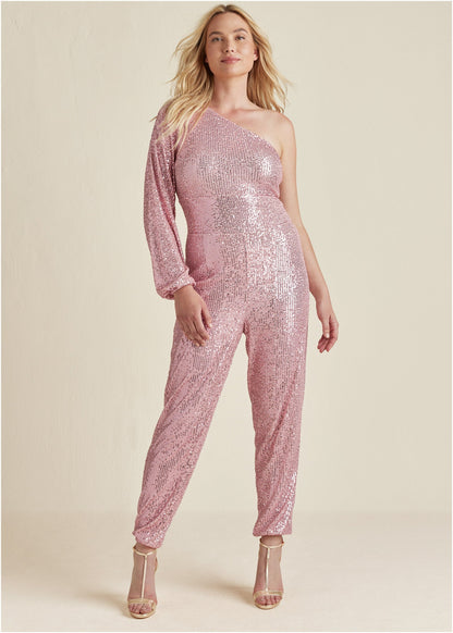 Sequin One-Shoulder Jumpsuit - Peach | Venus Budget Friendly