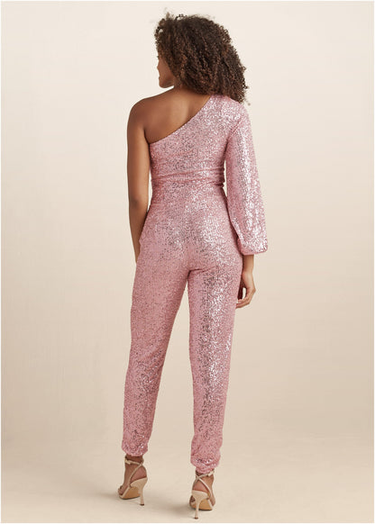 Sequin One-Shoulder Jumpsuit - Peach | Venus Budget Friendly