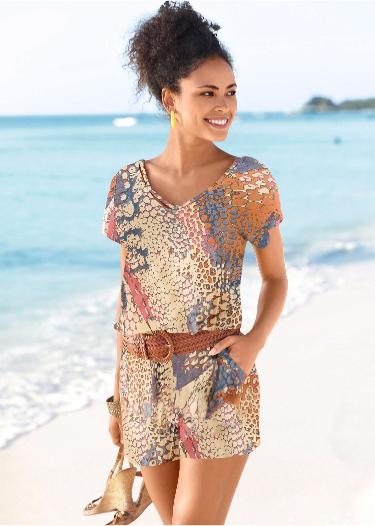 Abstract Mirage V-Neck Romper - Orange Multi | Venus Featured