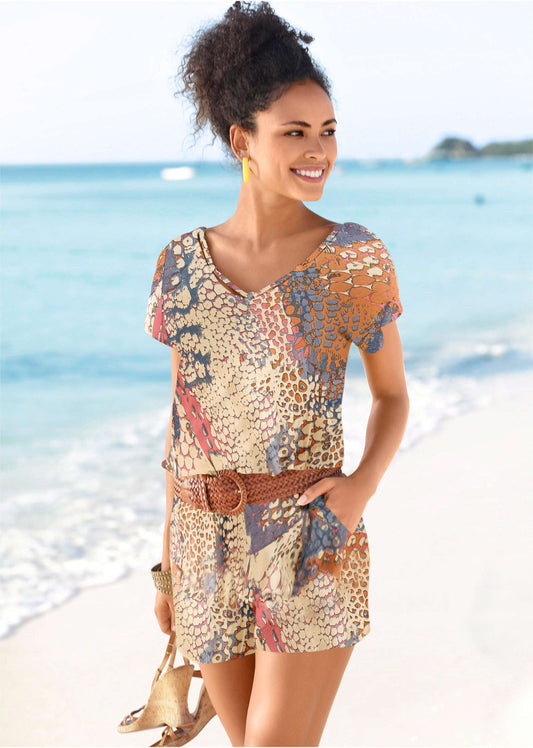 Abstract Mirage V-Neck Romper - Orange Multi | Venus Featured