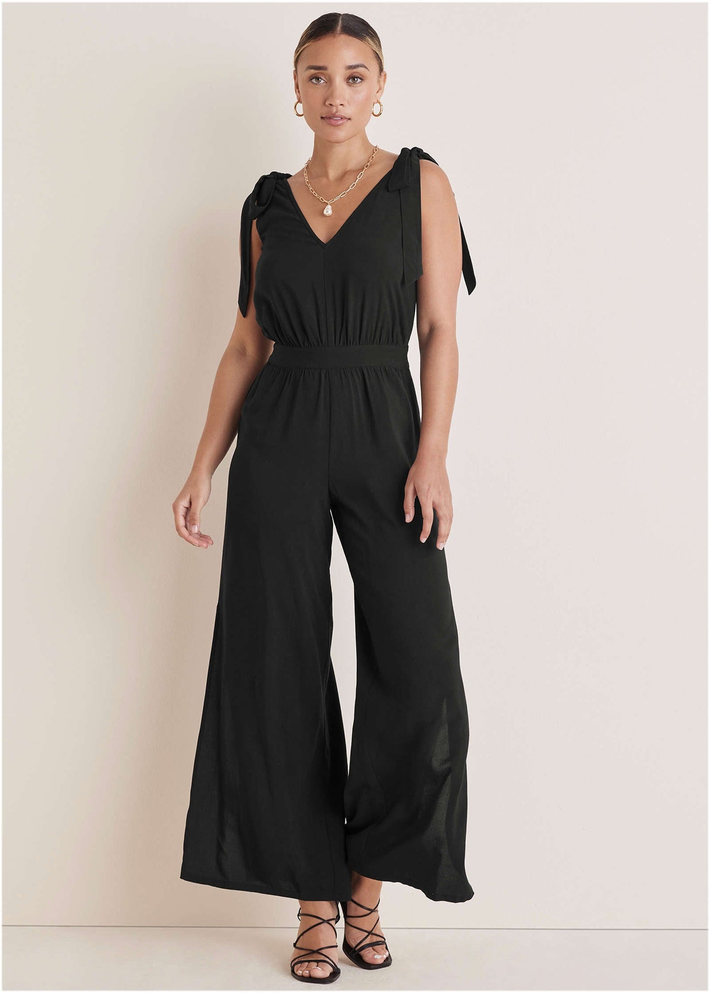 Tie-Strap Wide Leg Jumpsuit - Jet Black | Venus Popular Choice
