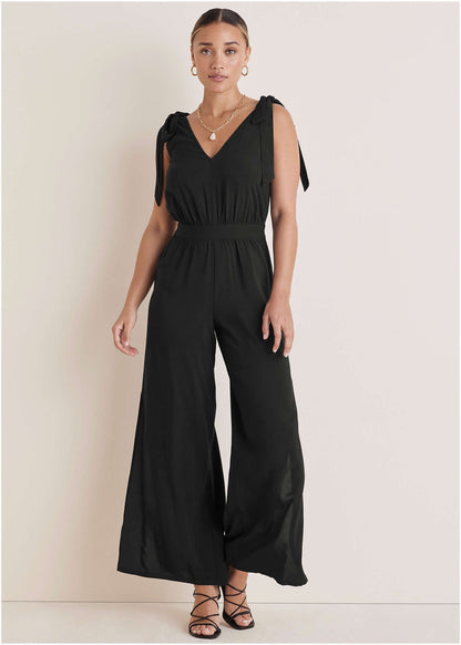 Tie-Strap Wide Leg Jumpsuit - Jet Black | Venus Popular Choice