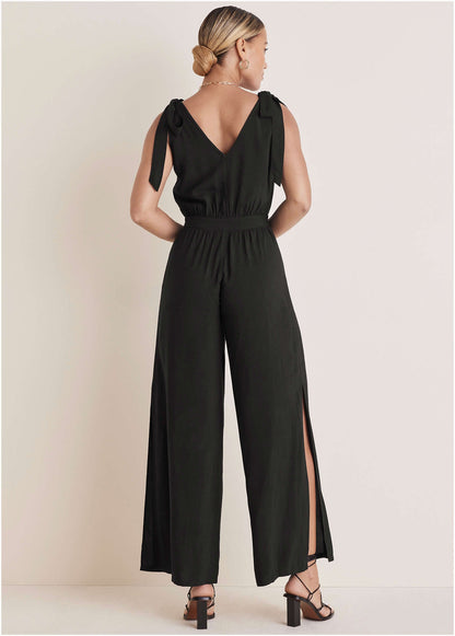 Tie-Strap Wide Leg Jumpsuit - Jet Black | Venus Popular Choice