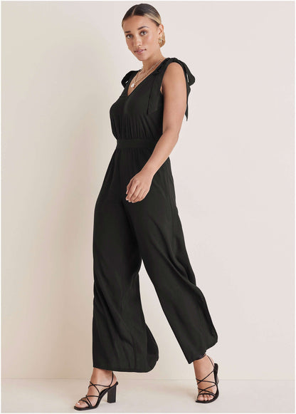 Tie-Strap Wide Leg Jumpsuit - Jet Black | Venus Popular Choice