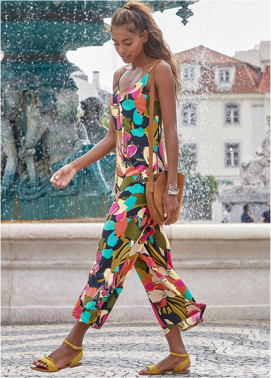 Cropped Printed Jumpsuit - Pink Multi | Venus Value