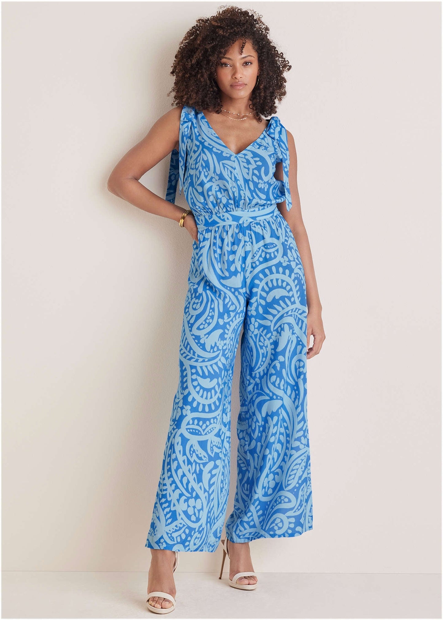 Tie-Strap Wide Leg Jumpsuit - Blue Allover Spring Paisley | Venus Customer Favorite