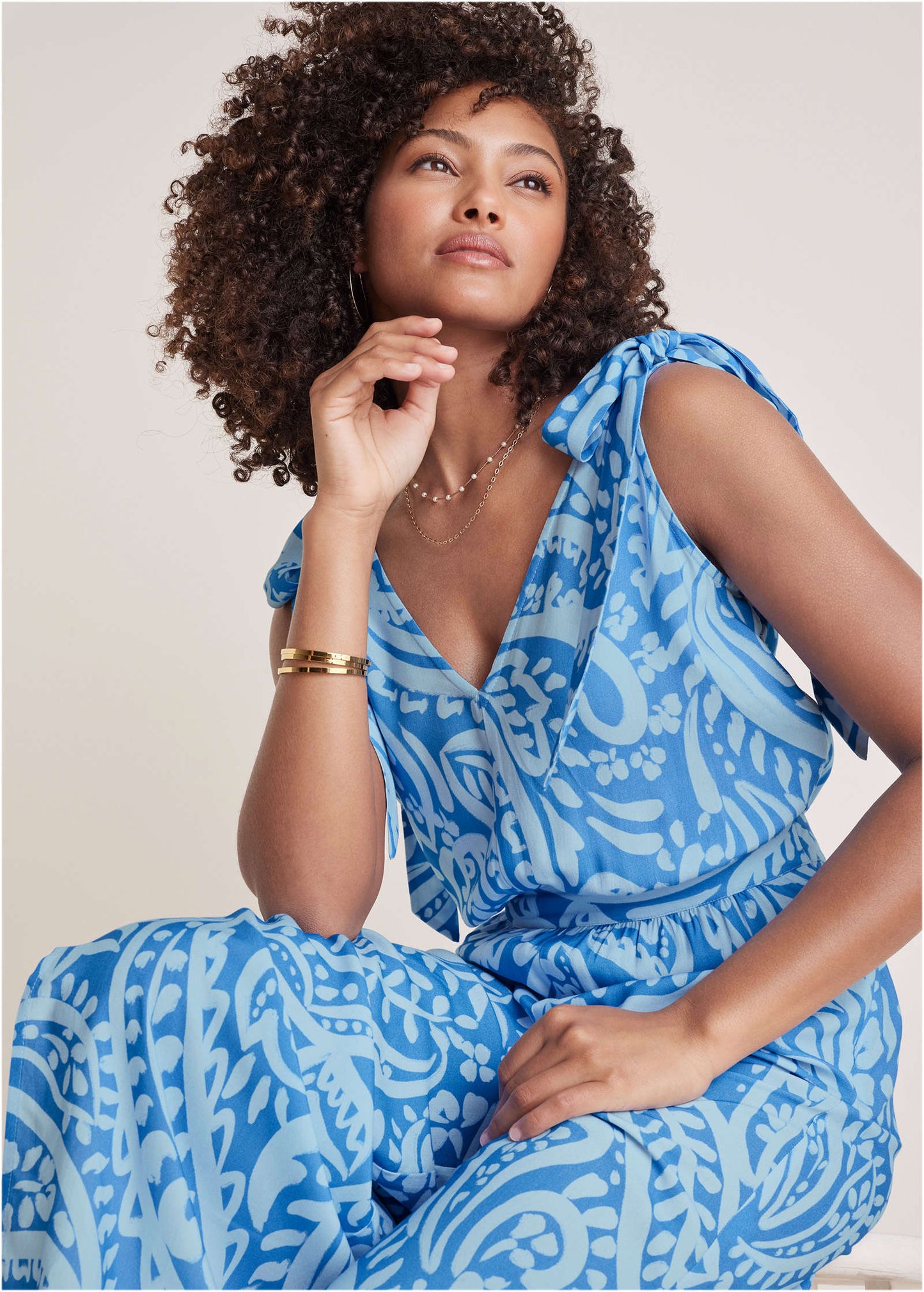 Tie-Strap Wide Leg Jumpsuit - Blue Allover Spring Paisley | Venus Customer Favorite