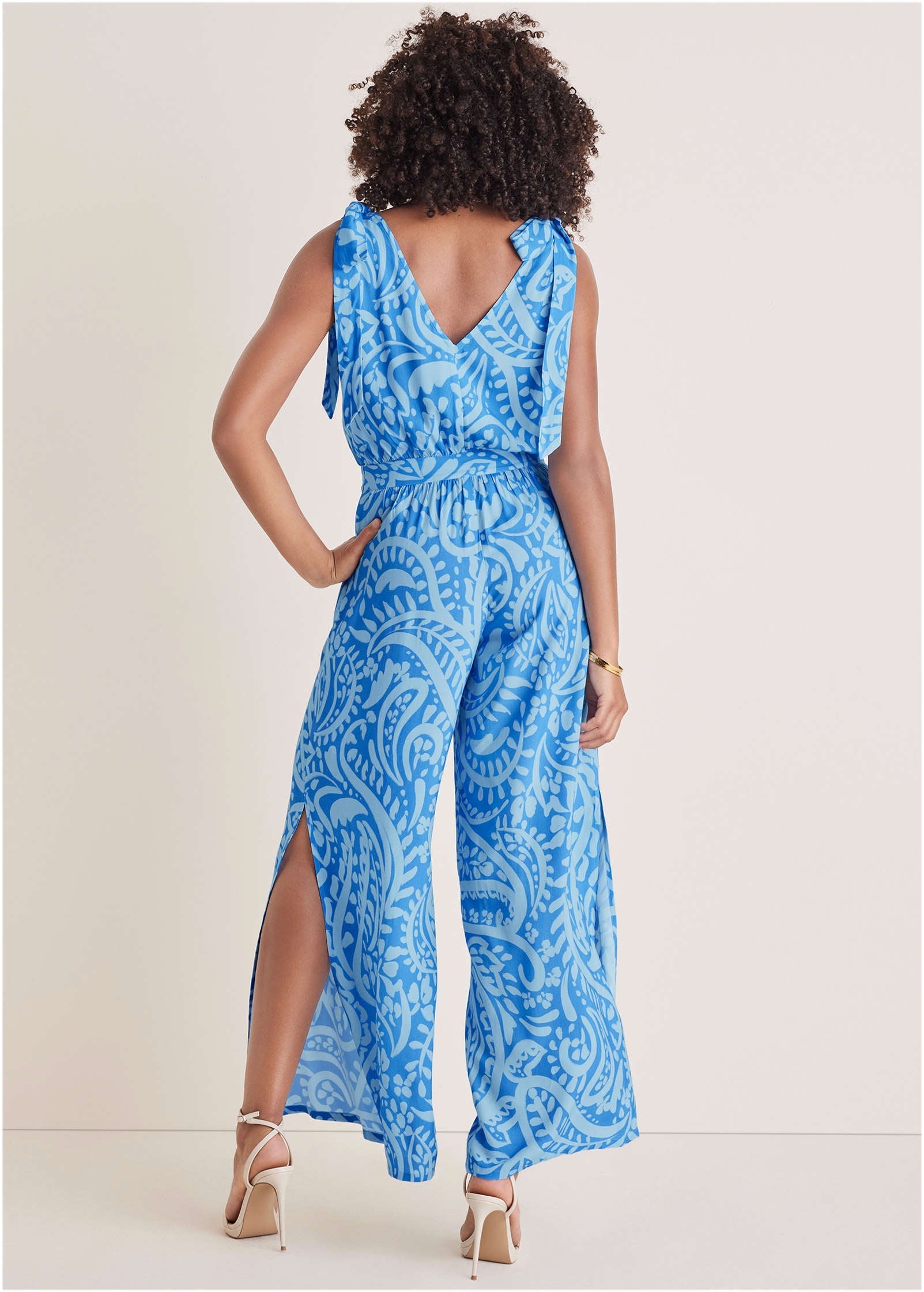 Tie-Strap Wide Leg Jumpsuit - Blue Allover Spring Paisley | Venus Customer Favorite