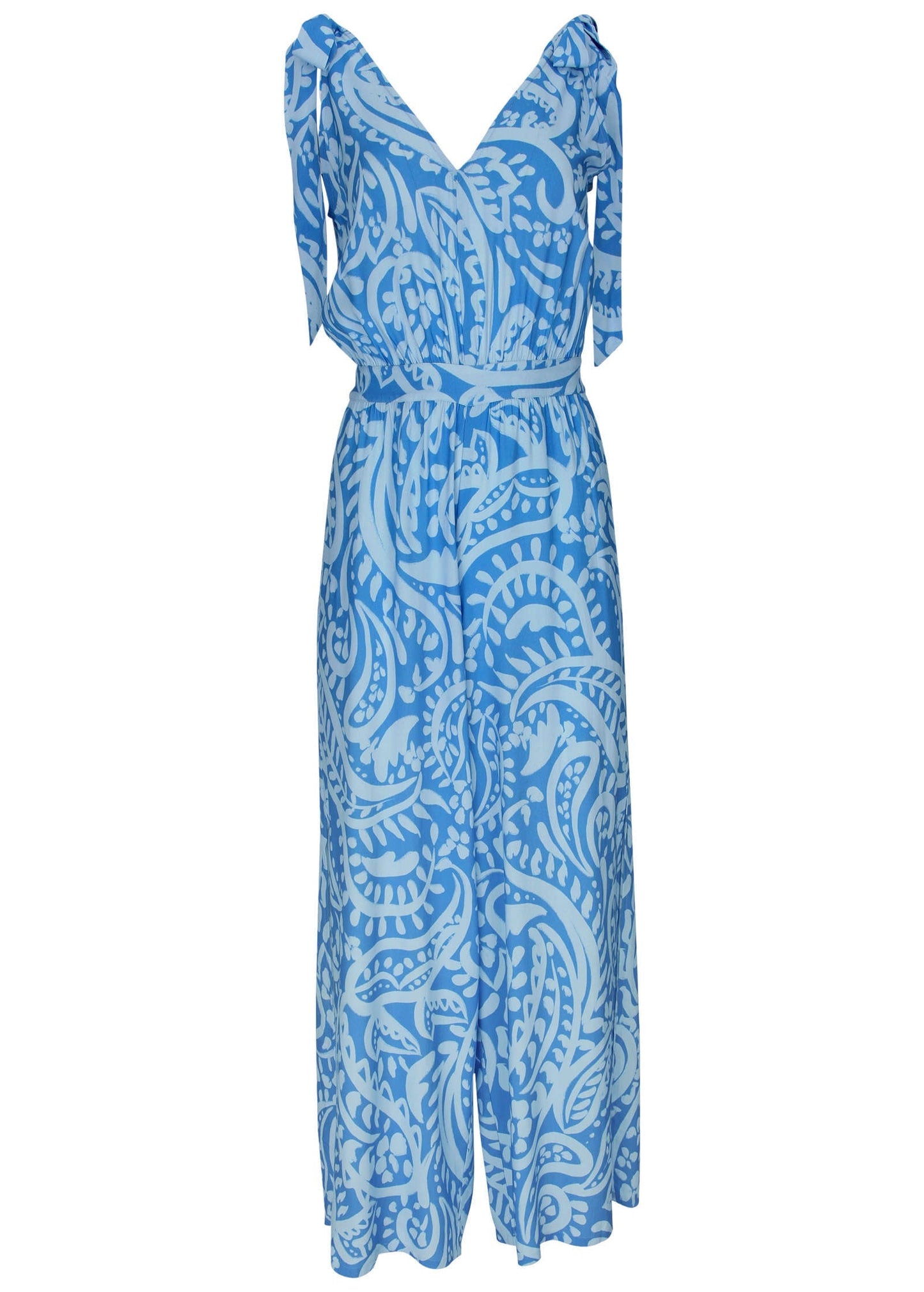 Tie-Strap Wide Leg Jumpsuit - Blue Allover Spring Paisley | Venus Customer Favorite