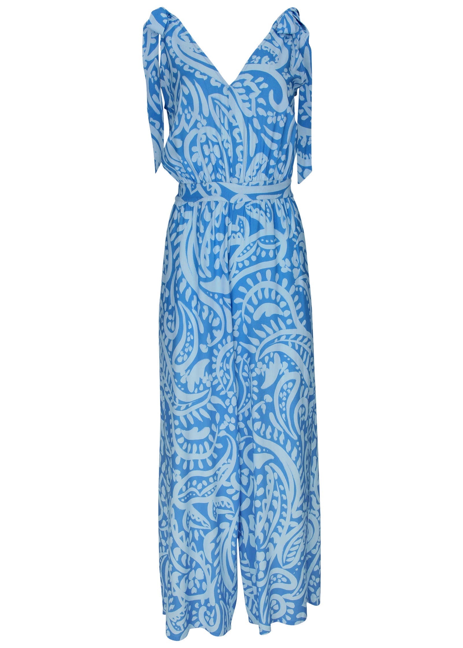 Tie-Strap Wide Leg Jumpsuit - Blue Allover Spring Paisley | Venus Customer Favorite
