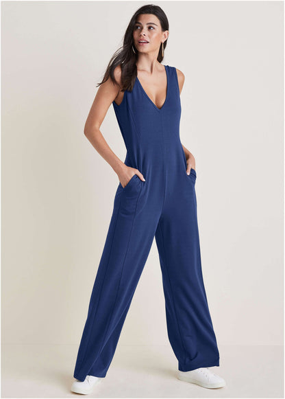 Relaxed V-Neck Jumpsuit - Dark Blue | Venus Sale