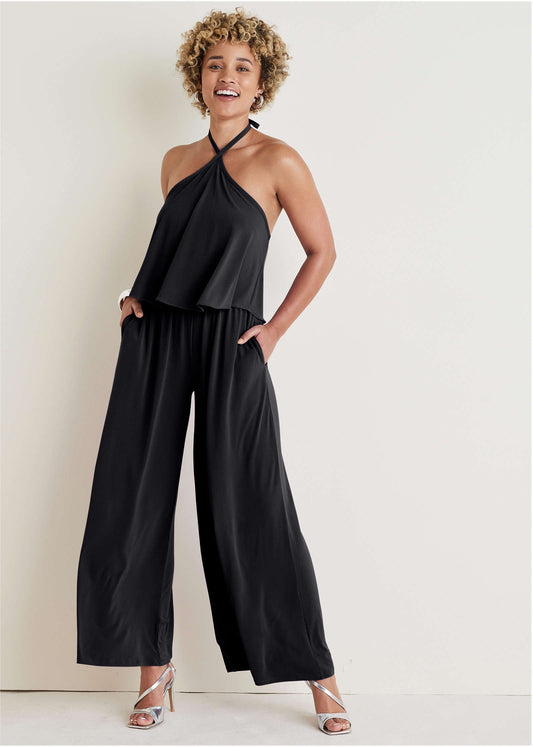 Cross Neck Jumpsuit - Jet Black | Venus Cost Saving