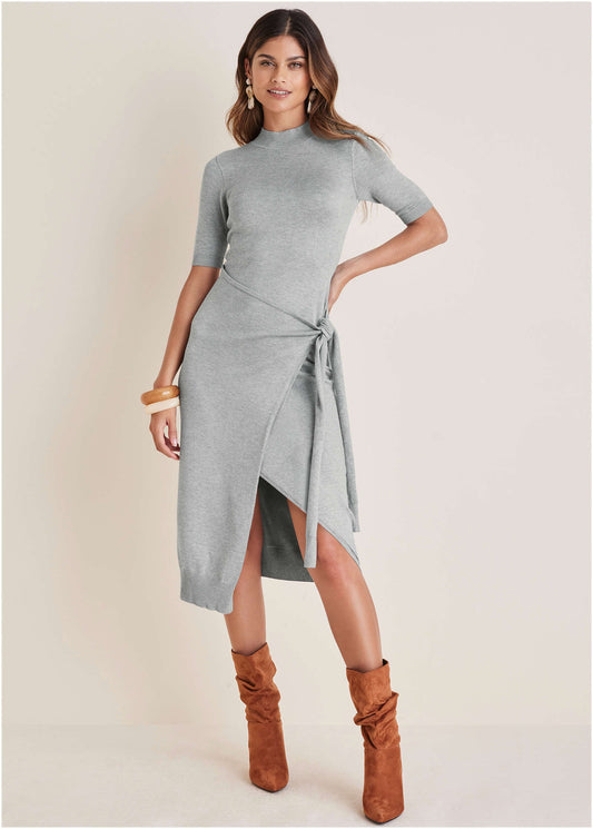 Tie Side Sweater Dress - Light Heather Grey | Venus Affordable