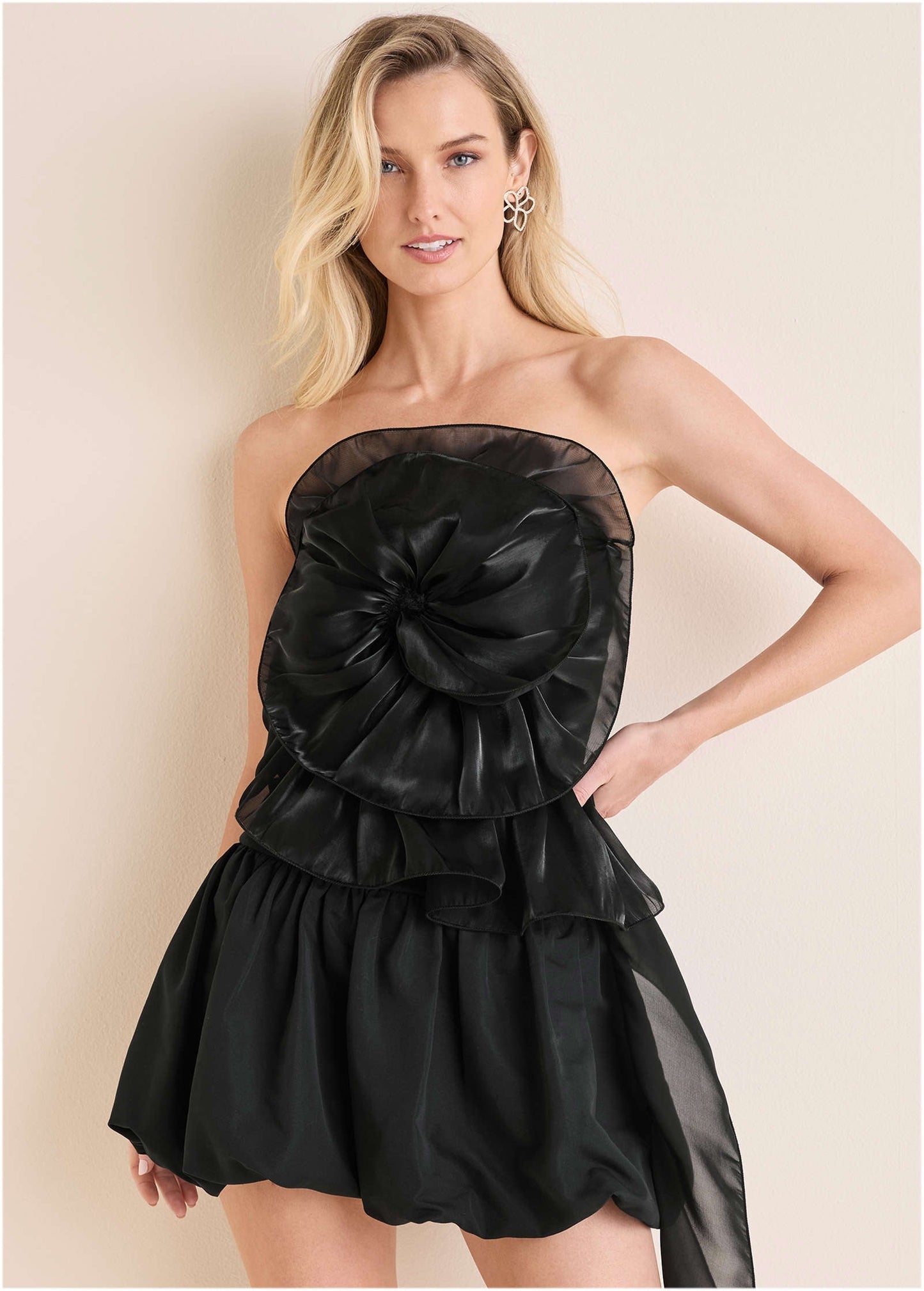 Rosette Bubble Mini Dress - Jet Black | Venus Affordable