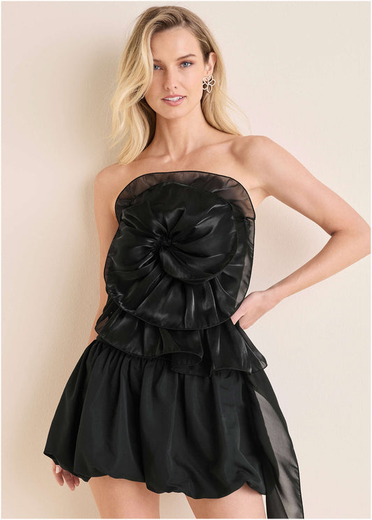 Rosette Bubble Mini Dress - Jet Black | Venus Affordable