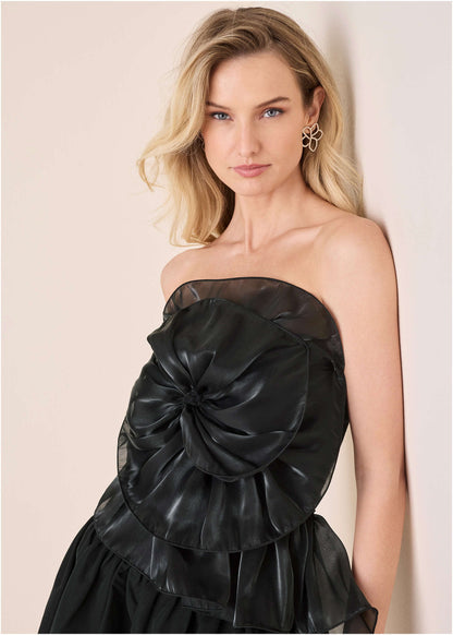 Rosette Bubble Mini Dress - Jet Black | Venus Affordable